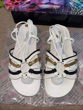 Cape Robbin White Strappy Sandals with Black & Gold Accents